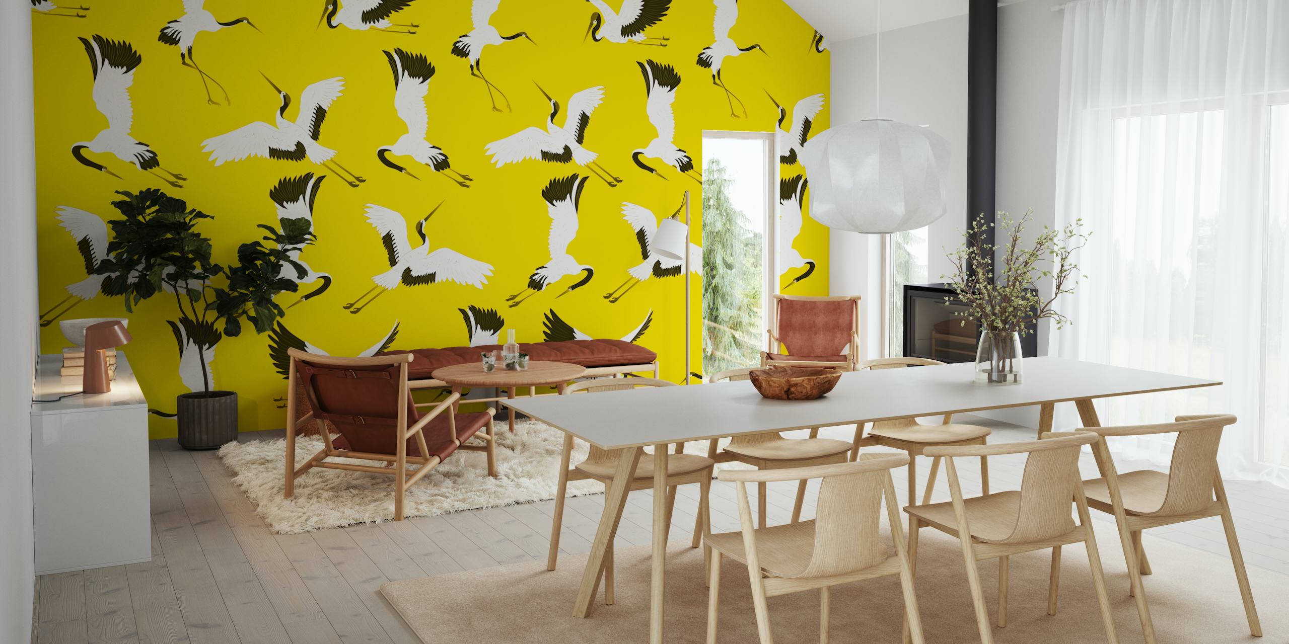 White cranes flying against a bright yellow background wallpaper